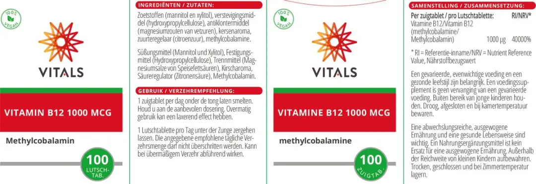 Vitals Vitamine B12 1000 mcg Methylcobalamine - 100 Zuigtabletten