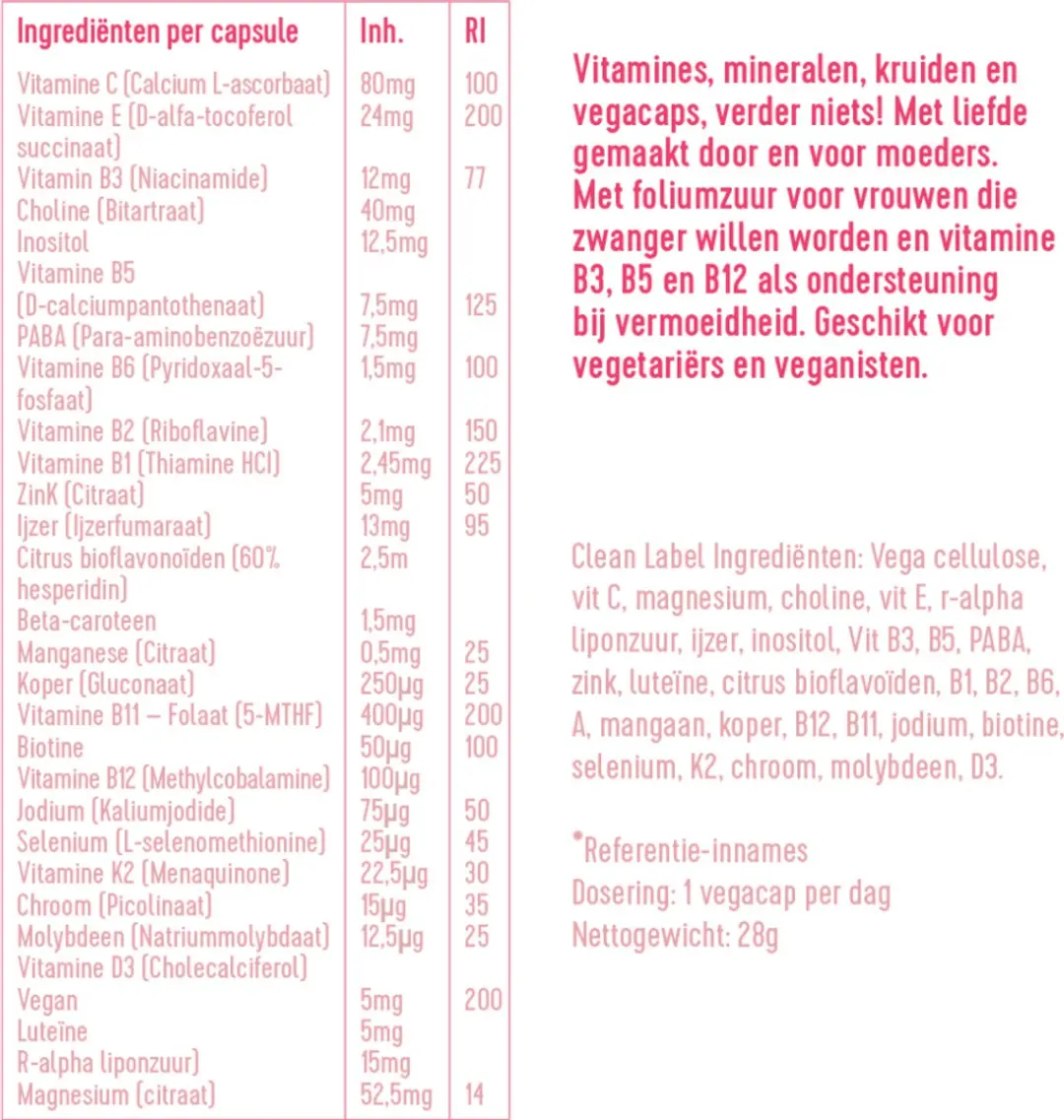 Laveen Vega Mama Multivitamine - 30 Capsules - Actief Foliumzuur