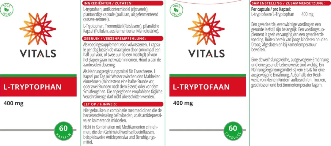 Vitals L-Tryptofaan 400mg - 60 Capsules