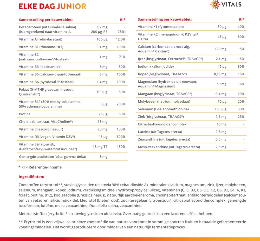 Vitals Elke Dag Junior Kauwtabletten - 30 Stuks - 58g