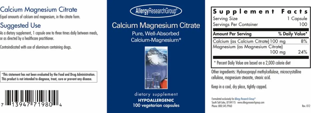 Allergy Research Group Calcium Magnesium Citraat 100 Capsules