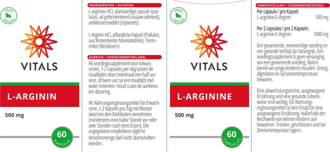 Vitals L-Arginine 500mg Capsules - 60 Stuks