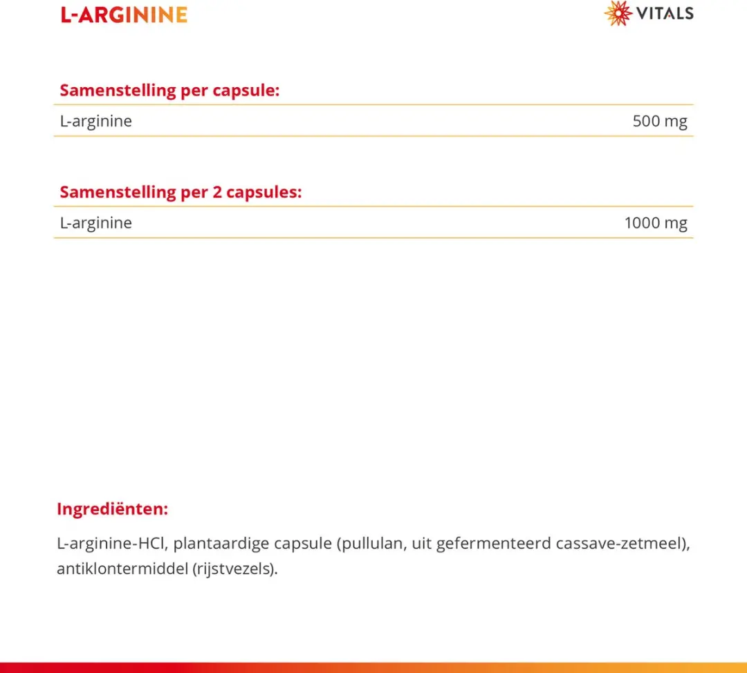Vitals L-Arginine 500mg Capsules - 60 Stuks
