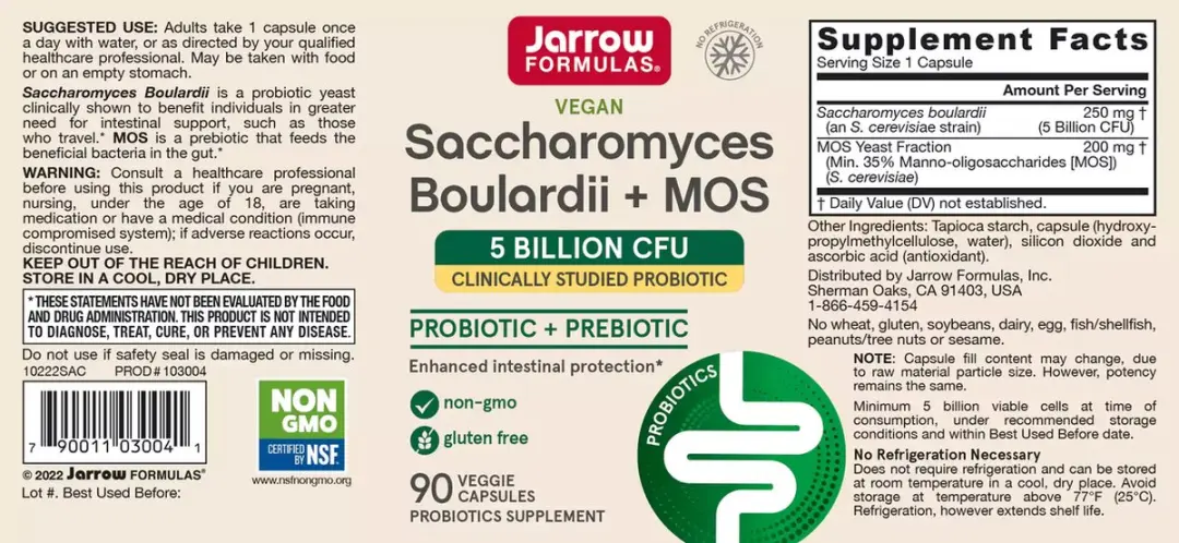 Jarrow Formulas Saccharomyces Boulardii + MOS 90 Capsules