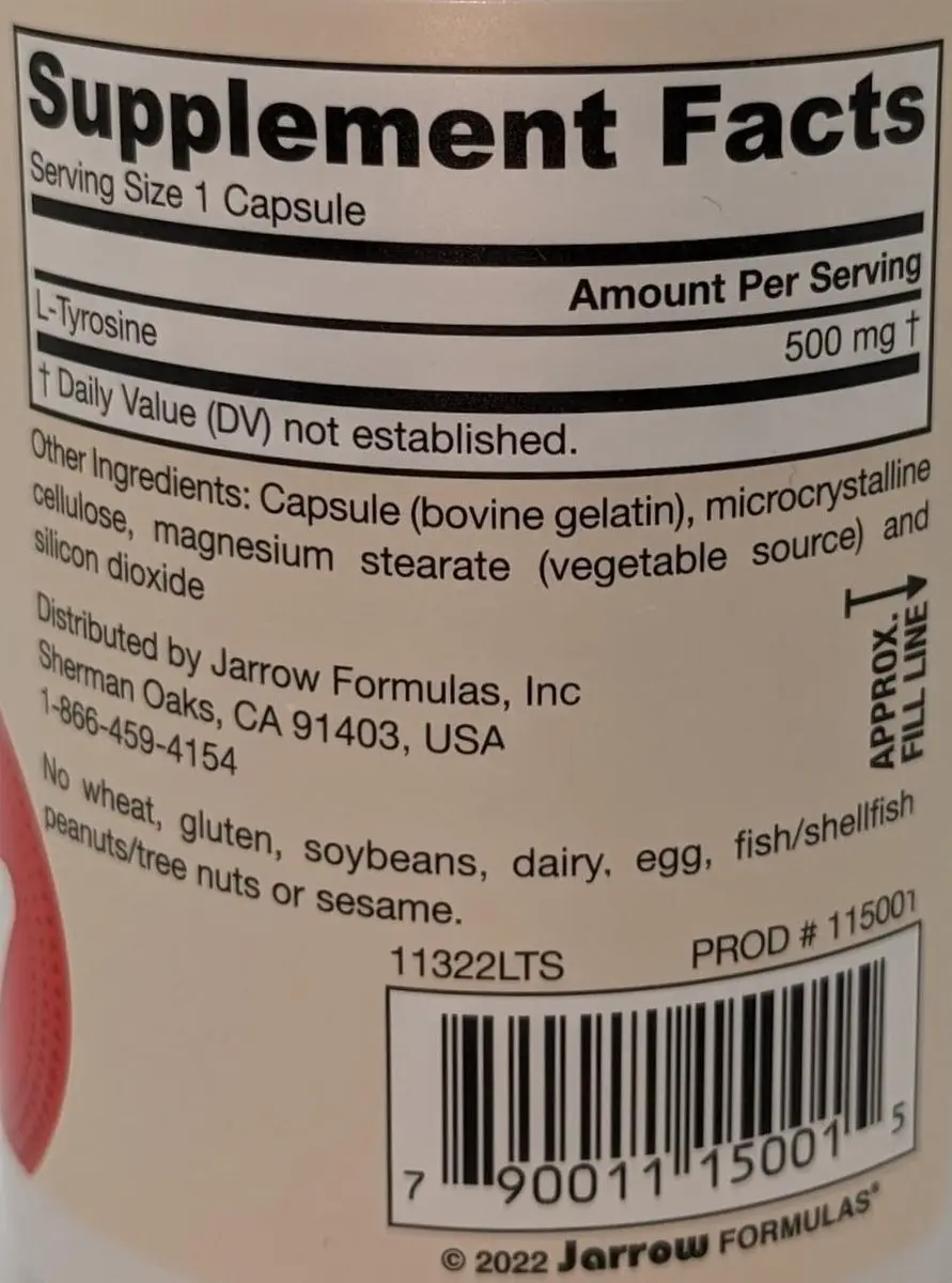 Jarrow Formulas Tyrosine 500mg 100 Capsules