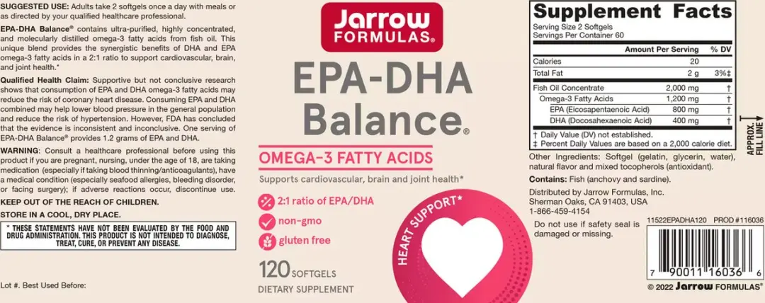 Jarrow Formulas EPA-DHA Premium Balance Visolie 1000mg - 120 Softgels