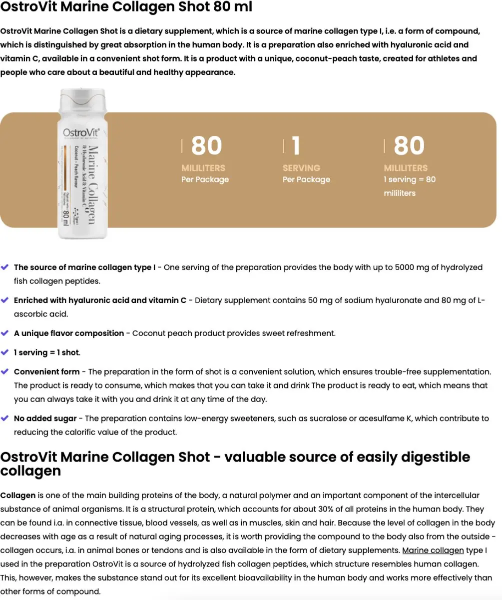 OstroVit Marine Collagen Shot 10x80ml - Kokos & Perzik