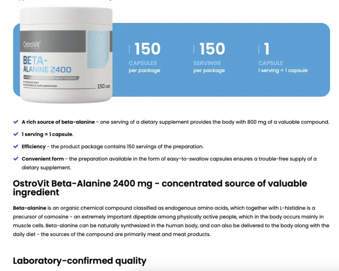OstroVit Beta-Alanine 2400mg - 150 Capsules
