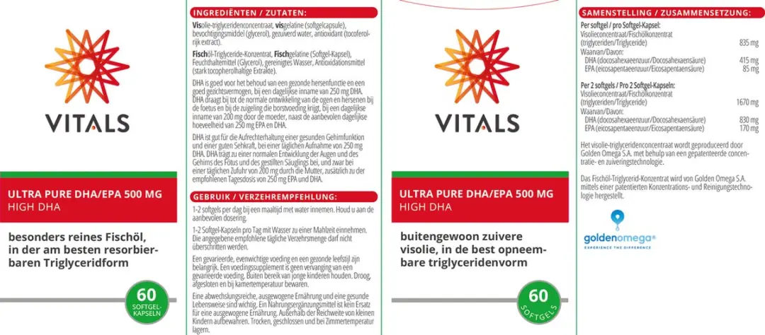 Vitals Ultra Pure DHA/EPA 500mg Omega-3 - 60 Softgels