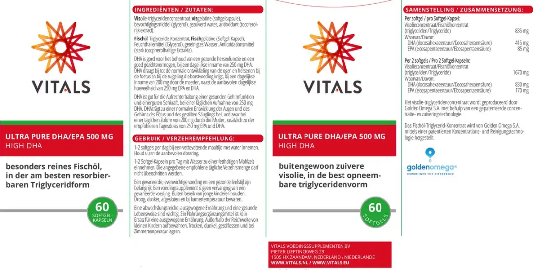 Vitals Ultra Pure DHA/EPA 500mg Omega-3 - 60 Softgels