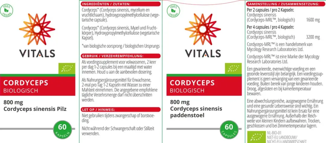 Vitals Cordyceps Biologisch 800mg - 60 Capsules