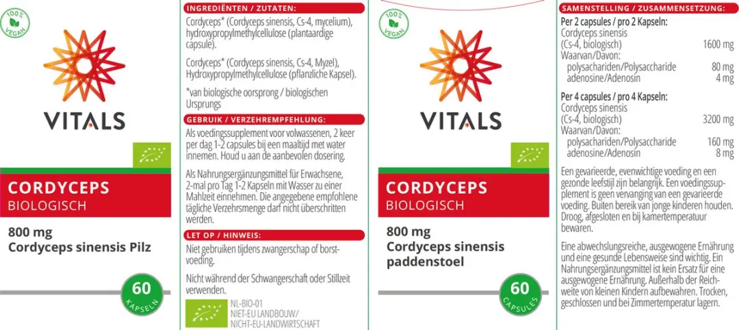 Vitals Cordyceps Biologisch 800mg - 60 Capsules