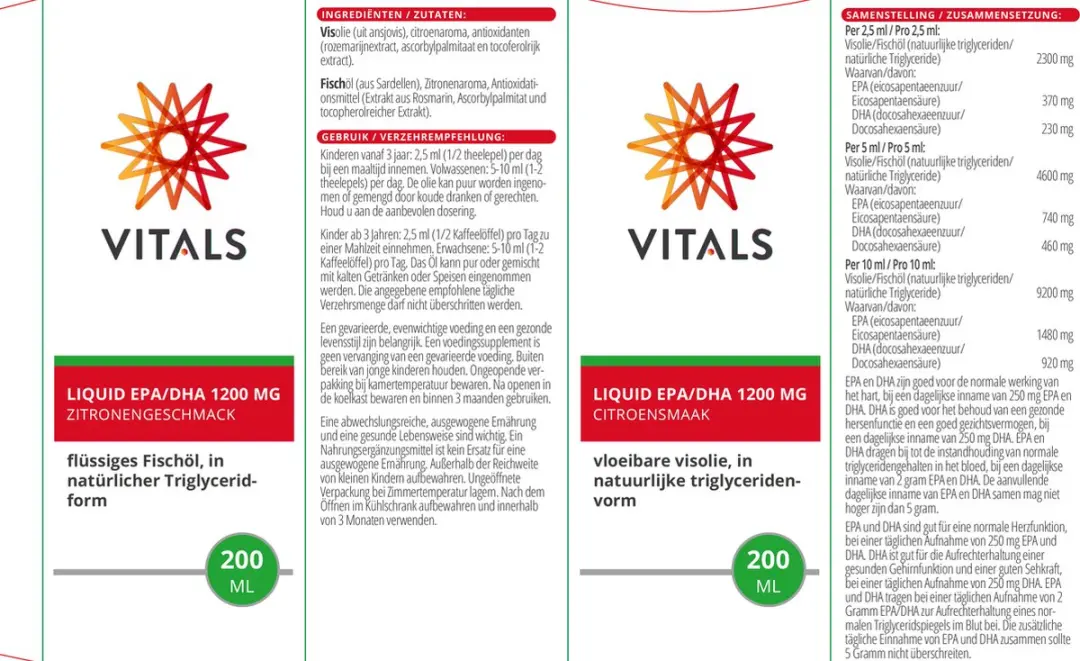Vitals Liquid EPA/DHA 1200mg Omega-3 200ml - Citroensmaak
