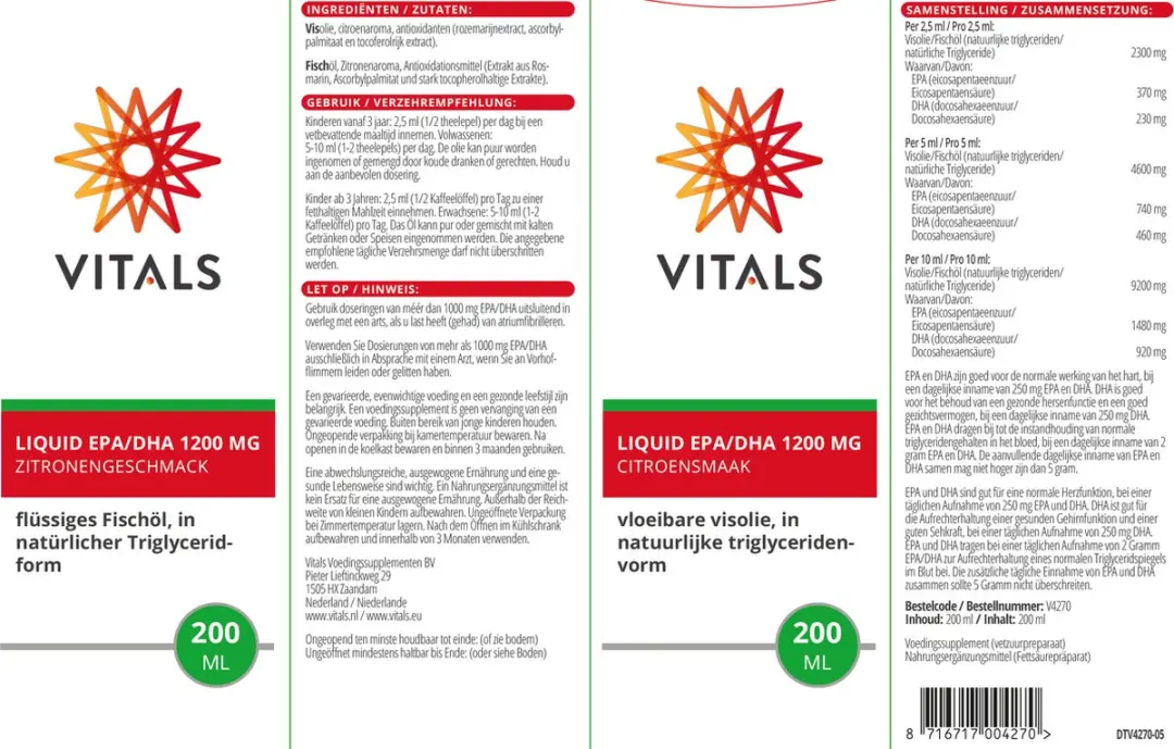 Vitals Liquid EPA/DHA 1200mg Omega-3 200ml - Citroensmaak