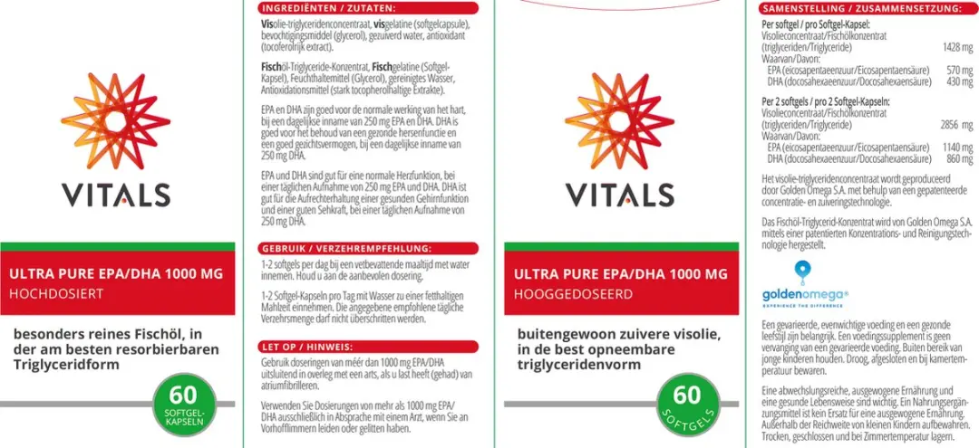 Vitals Ultra Pure EPA/DHA Omega 3 Visolie 1000mg - 60 Softgels