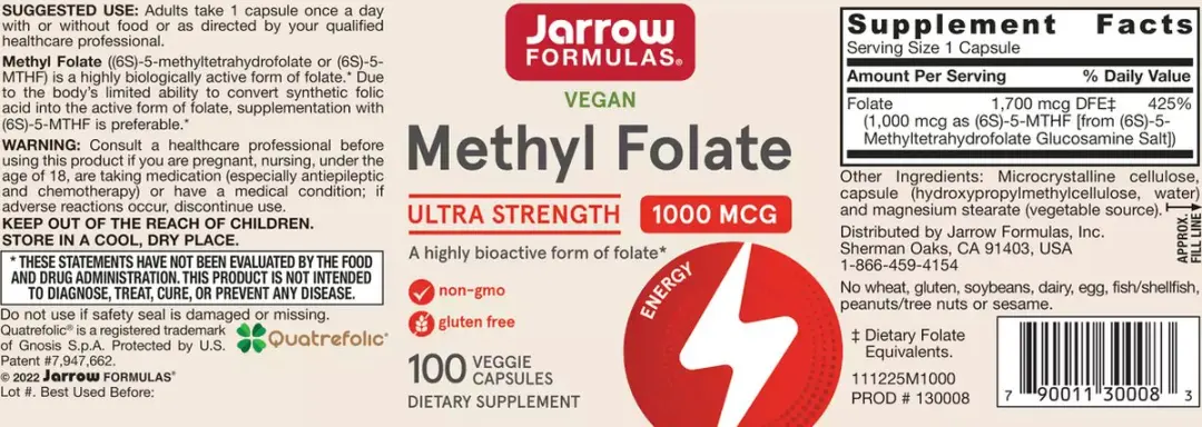 Jarrow Formulas 5-MTHF Methylfolaat 1000mcg - 100 Capsules