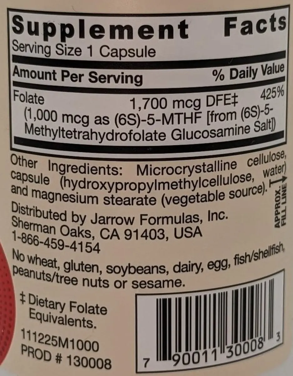 Jarrow Formulas 5-MTHF Methylfolaat 1000mcg - 100 Capsules