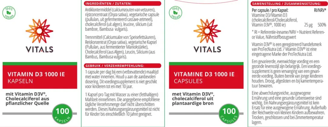 Vitals Vitamine D3 1000 IE Cholecalciferol 100 Capsules - Vegan