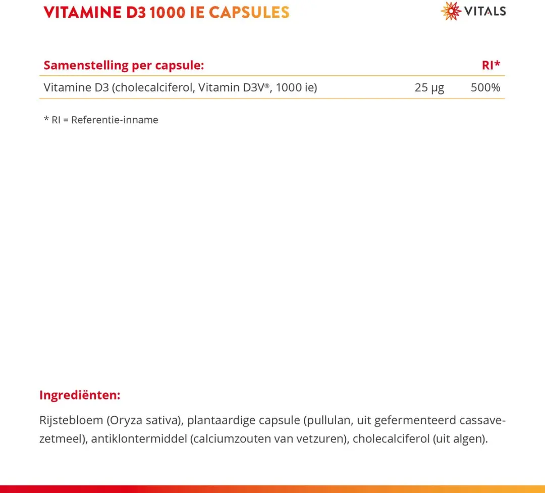 Vitals Vitamine D3 1000 IE Cholecalciferol 100 Capsules - Vegan