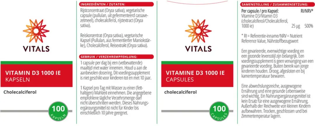Vitals Vitamine D3 1000 IE Cholecalciferol 100 Capsules - Vegan