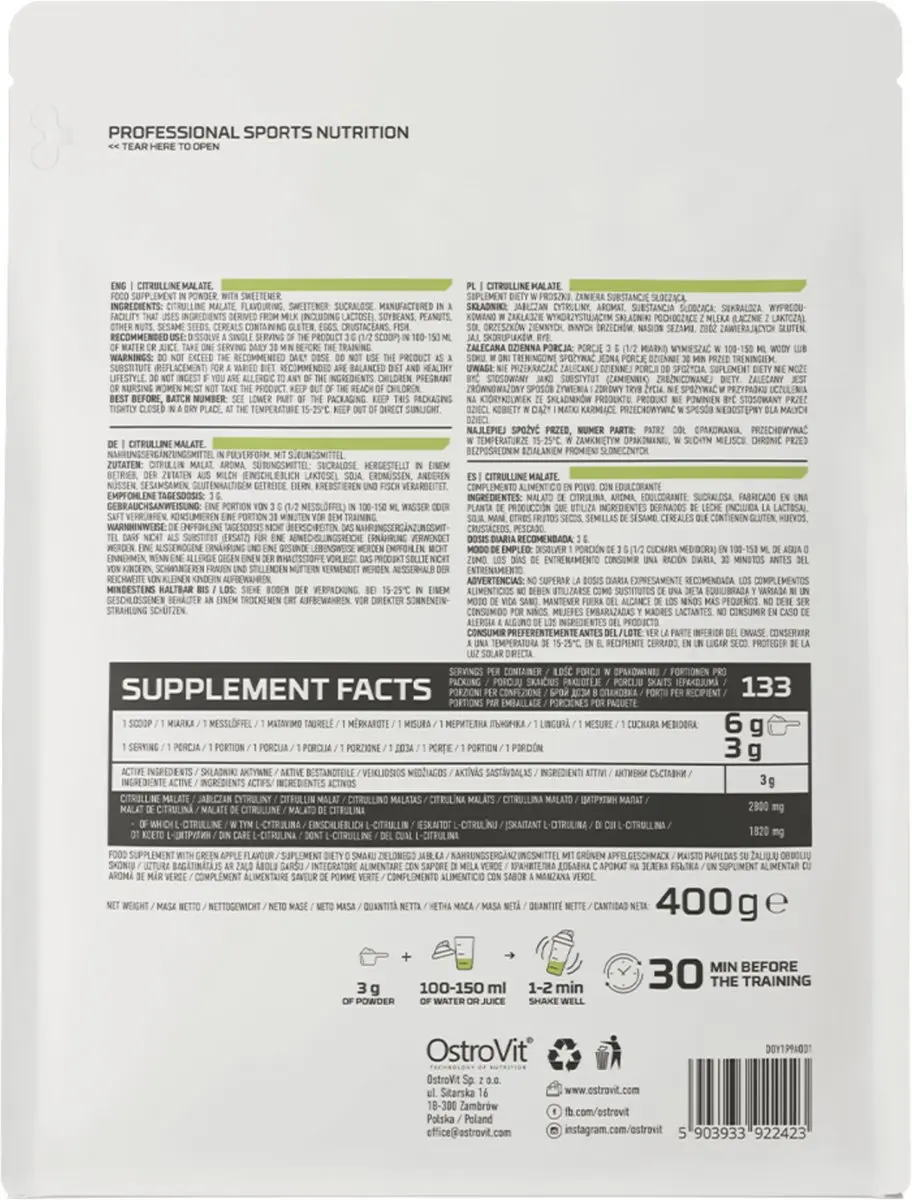 OstroVit Citrulline Malate 400g Pre-Workout Poeder - 133 Porties - Groene Appel