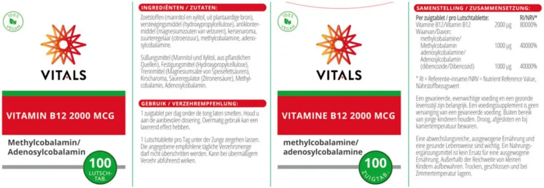 Vitals Vitamine B12 2000mcg Zuigtabletten - 200 Stuks