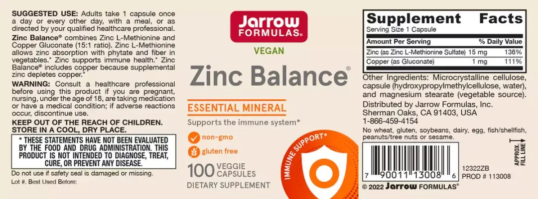 Jarrow Formulas Zinc Balance 15mg - 100 Capsules