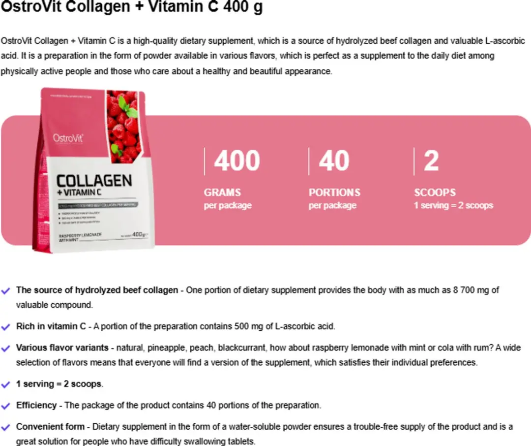OstroVit Collageen + Vitamine C 400g - Framboos Citroen