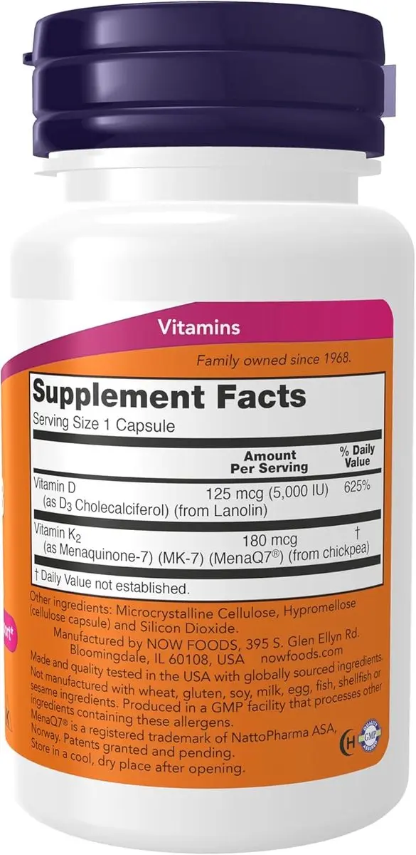 Now Foods Mega D-3 & MK-7 Vitamine D3/K2 5000 IU/180 mcg - 60 Vcaps