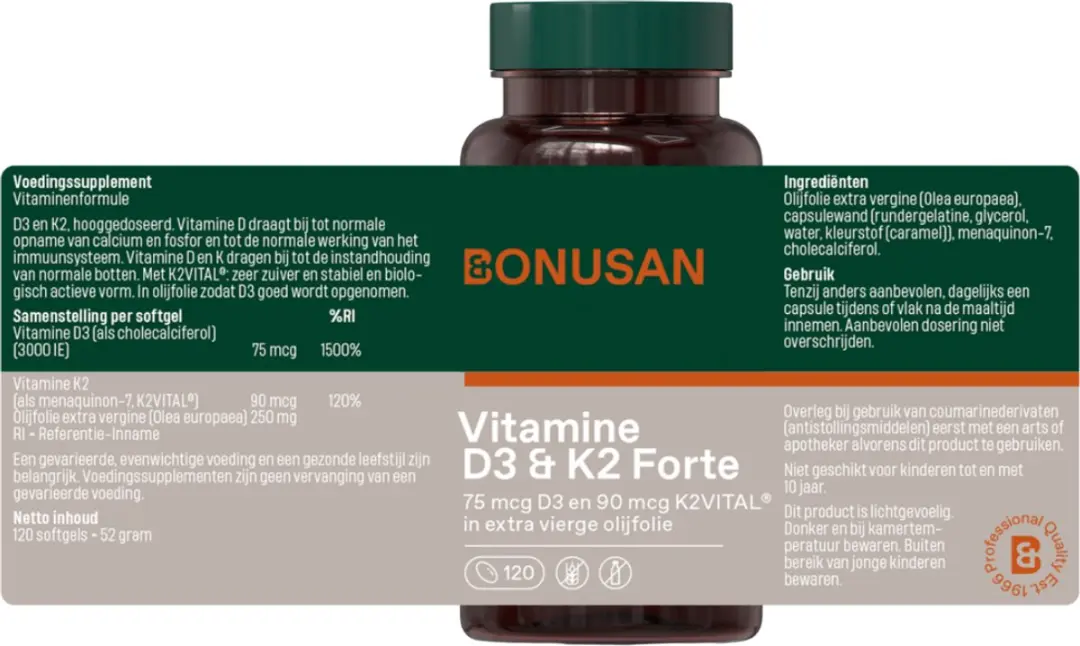 Bonusan Vitamine D3 & K2 75mcg/90mcg MK7 Softgels - 120 Stuks