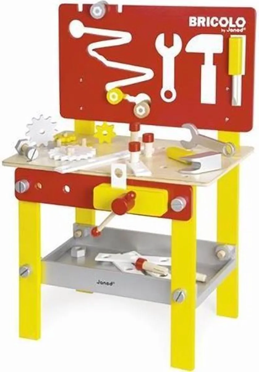 Janod Redmaster Bricolo Werkbank - 24 Accessoires - Rood/Geel