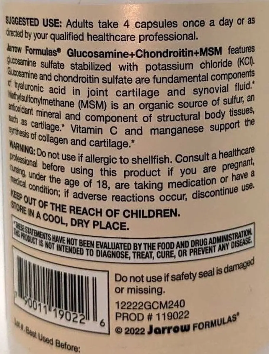 Jarrow Formulas Glucosamine + Chondroitin + MSM 240 Capsules