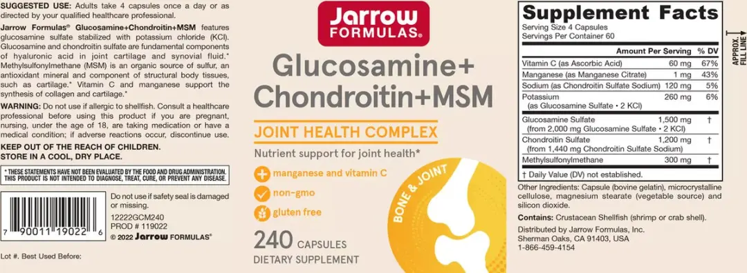 Jarrow Formulas Glucosamine + Chondroitin + MSM 240 Capsules