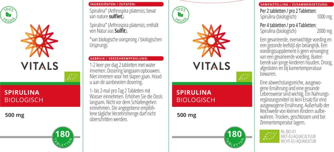 Vitals Spirulina Biologisch 500mg - 180 Tabletten