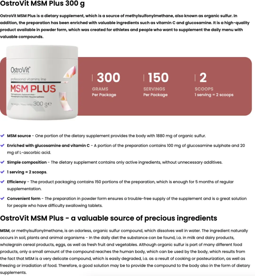 OstroVit MSM Plus 300g - Glucosamine & Vitamine C