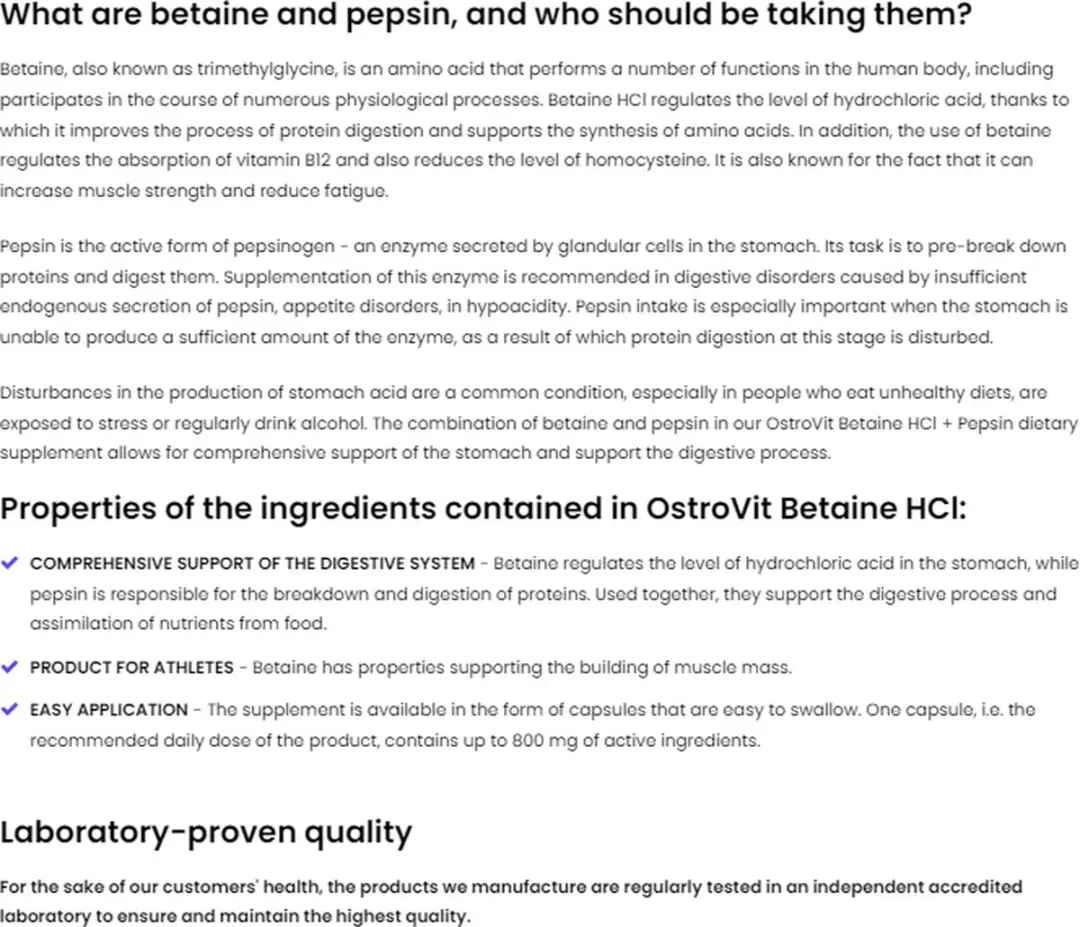 OstroVit Betaine HCl + Pepsine 100 Capsules