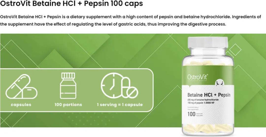 OstroVit Betaine HCl + Pepsine 100 Capsules