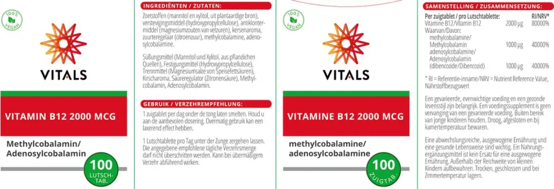 Vitals Vitamine B12 2000 mcg - 100 Zuigtabletten