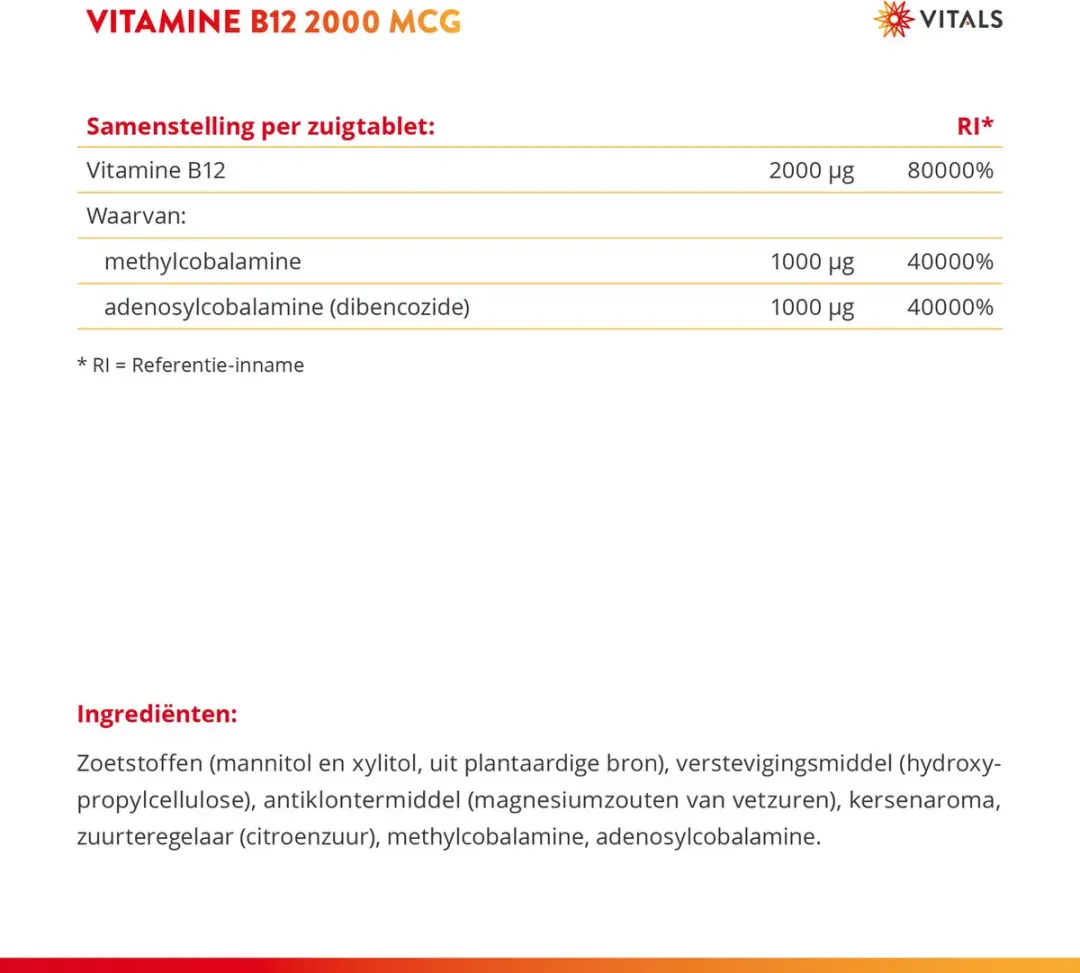 Vitals Vitamine B12 2000 mcg - 100 Zuigtabletten