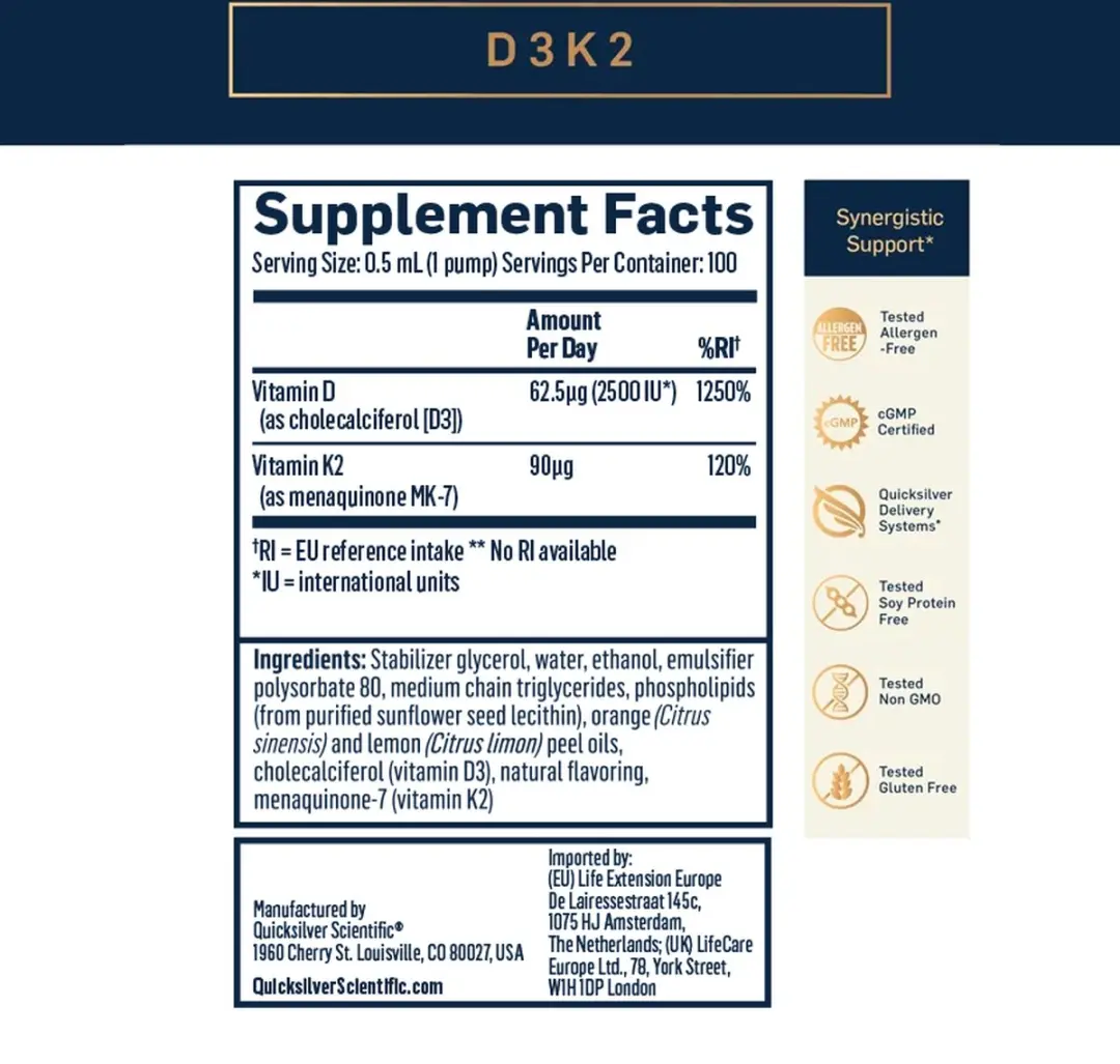 Quicksilver Scientific Nano-emulsie Vitamine D3+K2 50ml