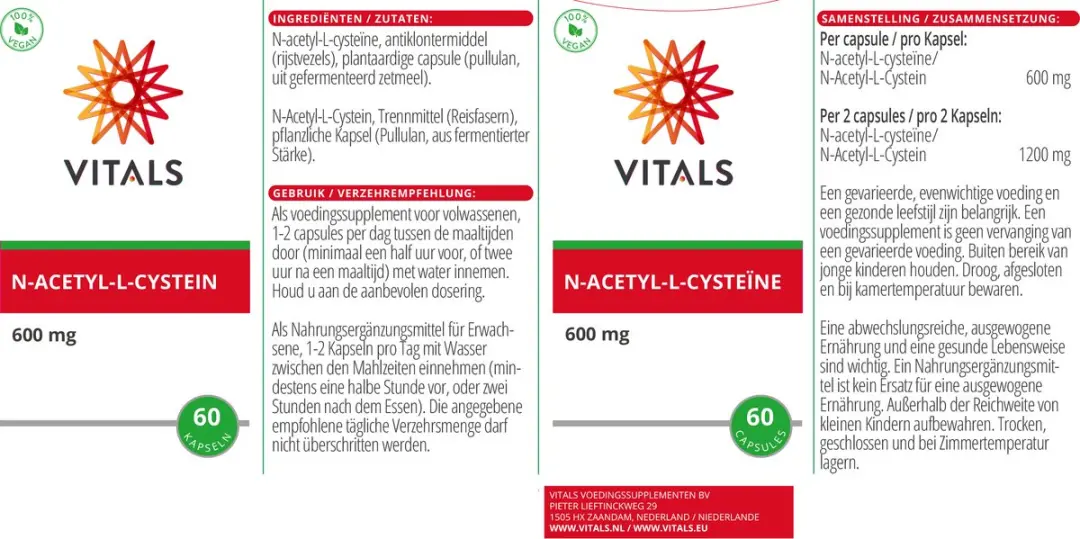 Vitals N-acetyl-L-cysteïne 600mg - 60 Capsules