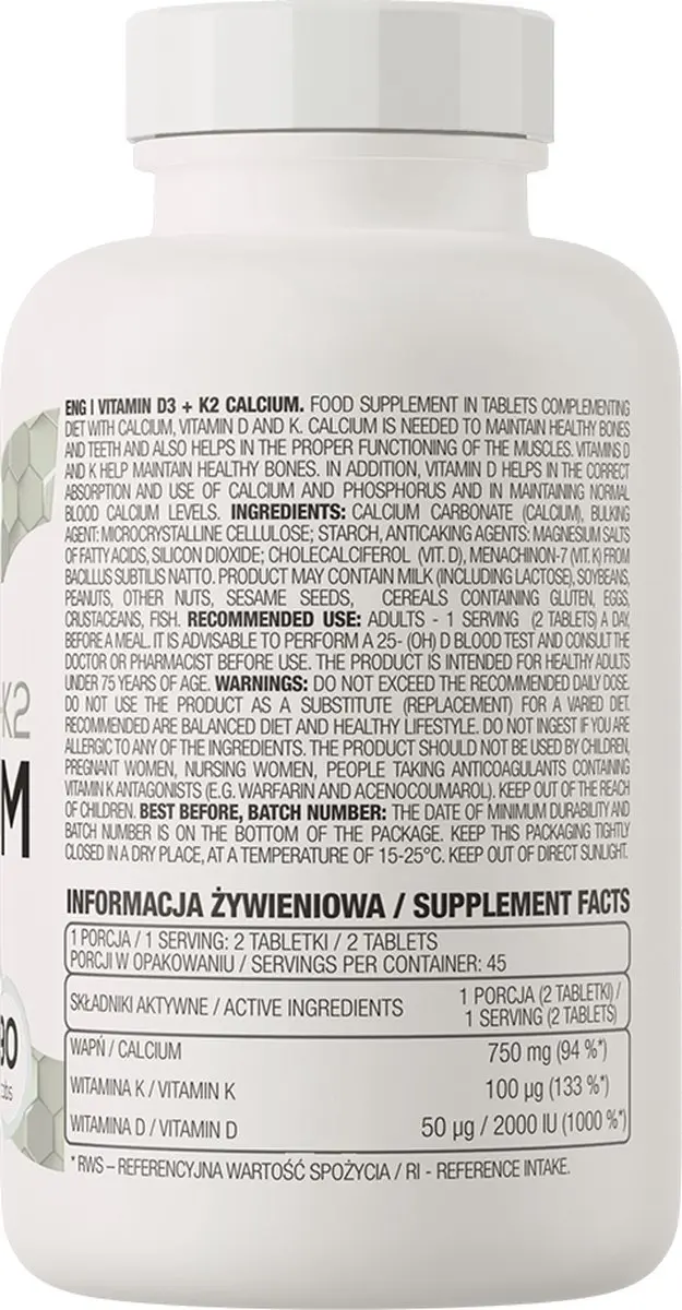 OstroVit Vitamine D3+K2+Calcium 90 Tablets - 125g