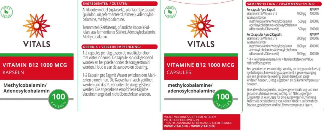 Vitals Vitamine B12 1000 mcg - 100 Capsules - Methylcobalamine & Adenosylcobalamine