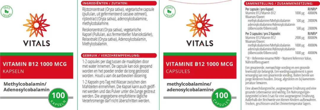 Vitals Vitamine B12 1000 mcg - 100 Capsules - Methylcobalamine & Adenosylcobalamine