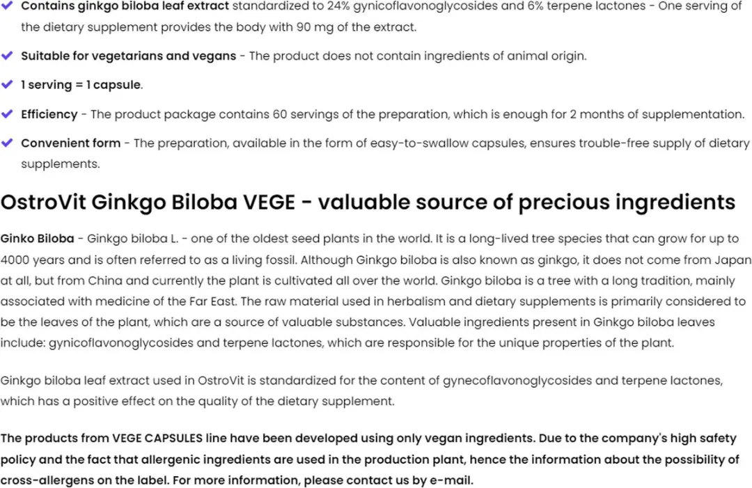 OstroVit Ginkgo Biloba VEGE Capsules - 60 Stuks