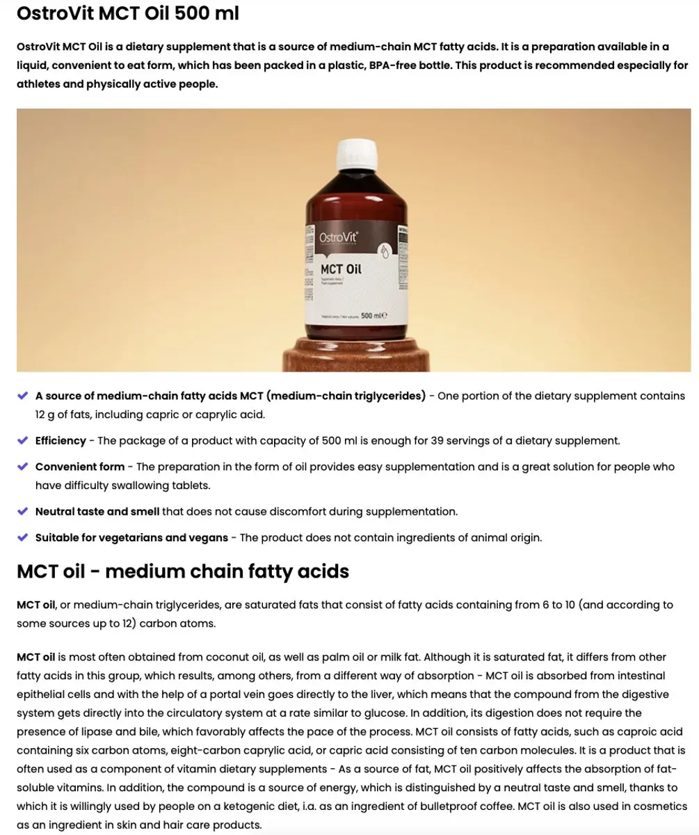 OstroVit MCT Oil 500ml - Neutrale smaak