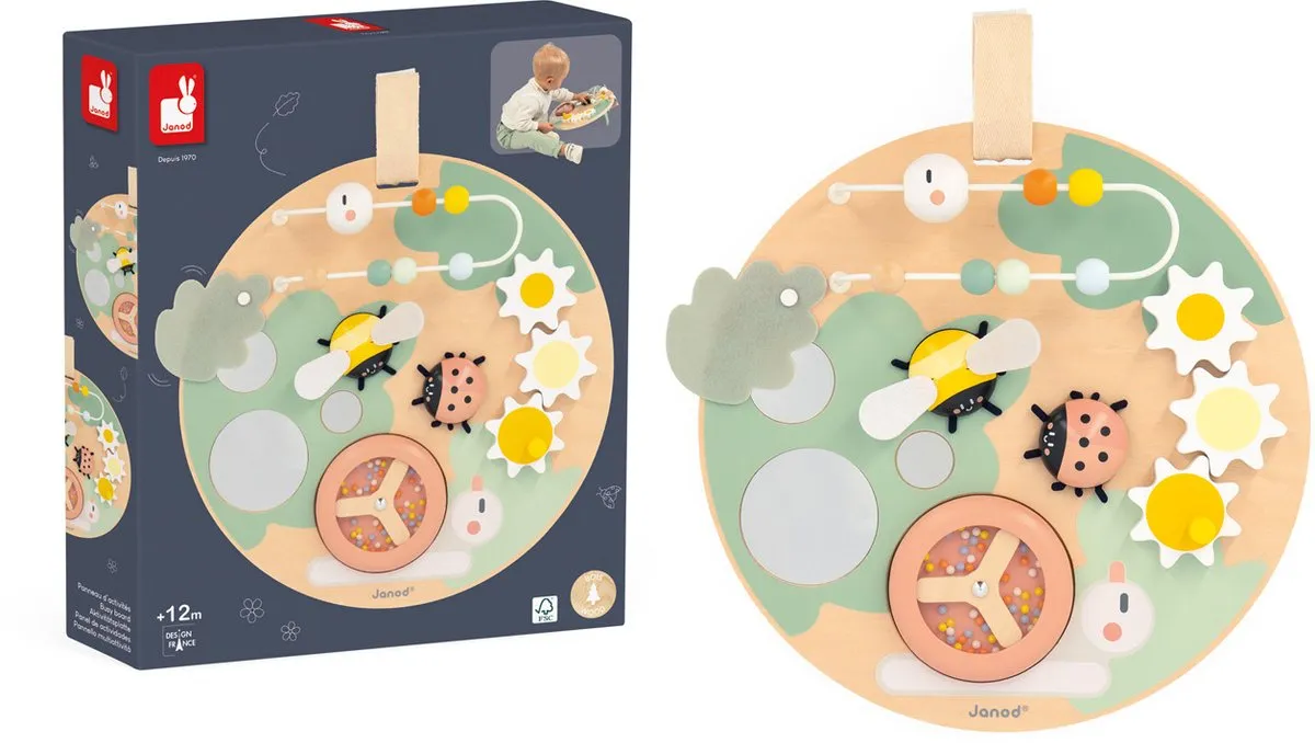 Janod Sweet Cocoon - Activiteitenbord - Dit Houten Bord Bestaat Uit Verschillende Tuindieren Voorzien Van Leuke Functies En In Totaal 7 Activiteiten - Geschikt Vanaf 1 Jaar