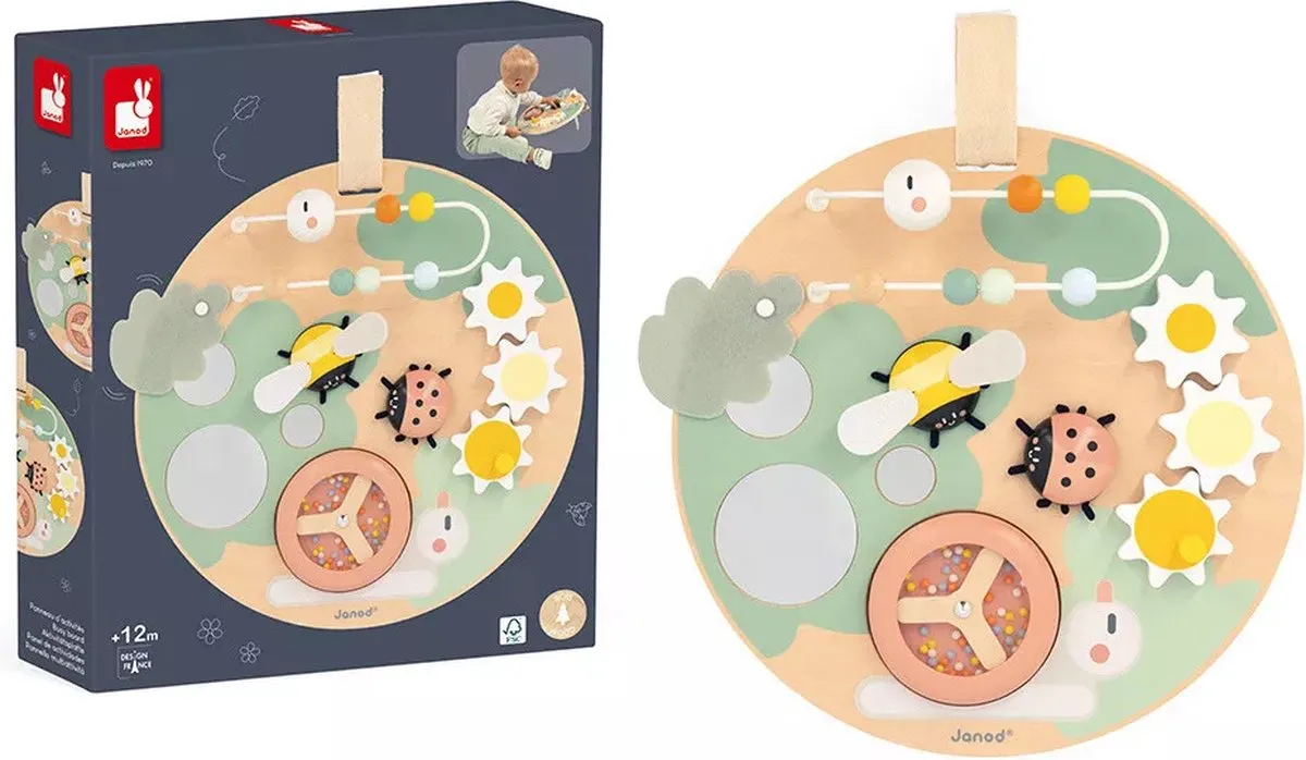 Janod Sweet Cocoon - Activiteitenbord - Dit Houten Bord Bestaat Uit Verschillende Tuindieren Voorzien Van Leuke Functies En In Totaal 7 Activiteiten - Geschikt Vanaf 1 Jaar