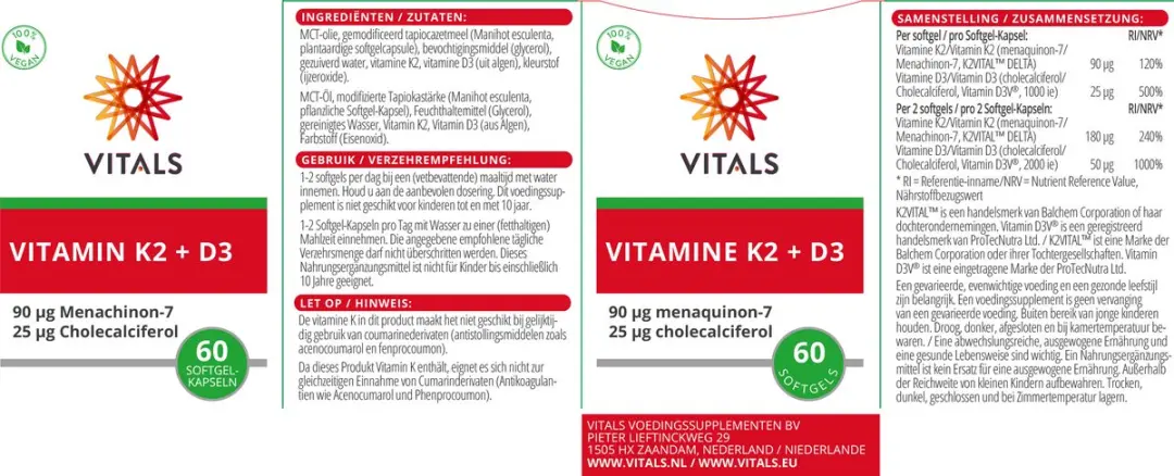 Vitals Vitamine K2 + D3 Vegan 60 Softgels