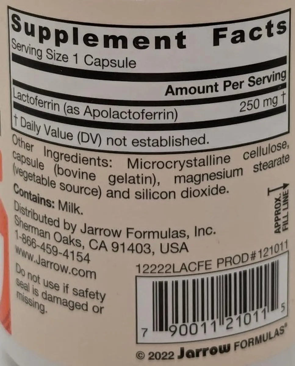 Jarrow Formulas Lactoferrin 250mg - 60 Capsules